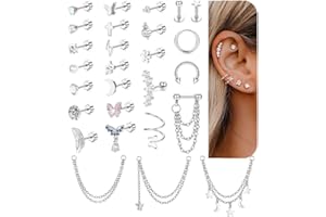 FIOROYAL 27 Pezzi Orecchini da Donna - Piercing Trago Helix Piercing Orecchio Acciaio Chirurgico, Argento Oro Anallergici Orecchini Punto Luce Orecchini Cerchio Set orecchini Donna
