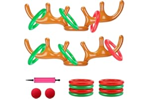 DIELIANHUA 2 Set Aufblasbares Rentier, Rentiergeweih Aufblasbar, Kinder Ringwurfspiel, (2 Geweihe 8 Ringe 2 Clownnasen 1 Pumpe) Geeignet für Weihnachtsfeiern, Familienspiele, Spiele Im Freien
