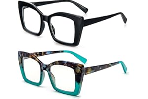 MMOWW Paquete de 2 gafas de lectura de gran tamaño para mujeres con montura cuadrada, estilo de moda, anti luz azul para mujeres y hombres (Negro+Tortuga carey azul, +2.5)