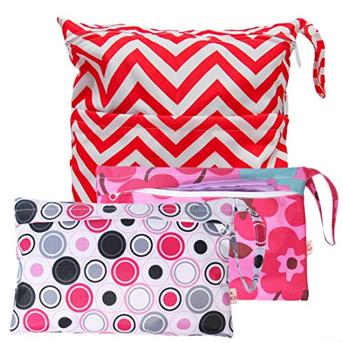 KF Baby Waterproof Cloth Diaper Travel Wet Dry Bag, Small Large Combo, Set of 3