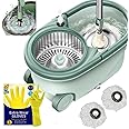 SWISSPACK Ultimate Heavy Duty Spin Mop and Buckets Sets, Microfibre Flat Mop Bucket, Telescopic Handle & 2 Reusable Pads for Hardwood Laminate Tile Floors - Cleaning Gloves Included. (green)