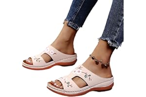 MIYYO Damen Orthopädische Sandalen Vintage Blumenstickerei Schlappen 2023 Sommer Peep Toe Hausschuhe Keil PU-Leder Pantoffeln Gummi Plateau Pantoffeln Freizeit Strandschuhe