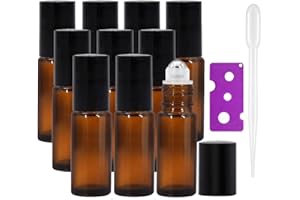 JamHooDirect - Botellas de rodillo de vidrio ámbar rellenables con bolas de acero inoxidable (10 unidades, 1 abrebotellas y 12 etiquetas)