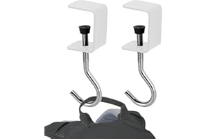 Cxryrzhe 2-Pack Clamp-On Desk Mount Bag Holder Hooks - White Metal Hooks for Tables, Heavy Duty Hanger Organizer