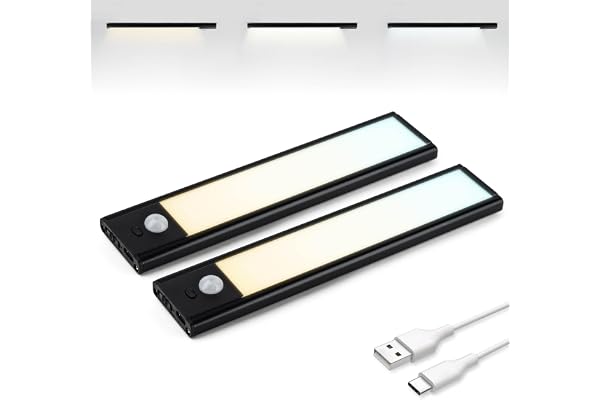 Brendz Lampe d'armoire avec détecteur de mouvement, éclairage rechargeable et d'intensité variable, 2 x 20 cm, 3 températures de couleur, barre lumineuse LED sans fil