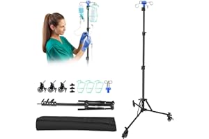 Strixorn Verstellbarer Infusionsständer mit Rollen, Faltbare IV-Stange, Höhenverstellbar 85cm-190cm, Abtropfständer mit 4 Haken, mit Stabilen Stativ, für Krankenhaus & Häusliche Pflege
