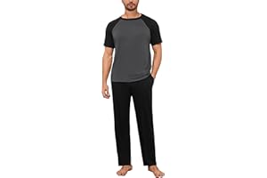 Bresdk Pigiami Uomo Cotone Lungo Pigiama Uomo Maniche Corte e Pantaloni Lunghi Pigiami Due Pezzi da Uomo Completino per Casa Leggero e Morbido