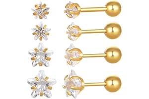 JMFENFA 4 Paar Stern-Herz-Quadrat-Ohrstecker mit Schraubverschluss, 18 Karat vergoldeter chirurgischer Edelstahl Zirkonia-Ohrstecker 3-6 mm