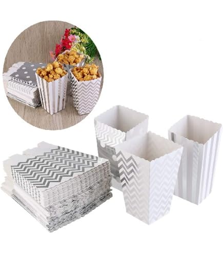 50 Popcorn-Boxen Aus Karton – Silber, Gemustert, 12x7,5 Cm, Für Partys & Süßigkeiten