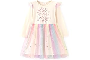 PATPAT Vestito Bambina con Tulle Brillante - Abito Principessa a Maniche Lunghe con Stampa per Compleanno, Feste e Vacanze, 3-12 Anni, Taglia 90-152