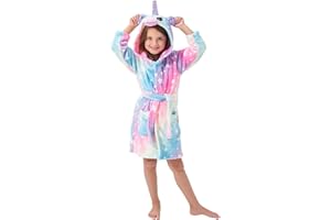 YLLSOPHAN Girls Hooded Unicorn Bathrobe Robe Dressing Gown Nightwear Fleece Attached Belt Knee High Length