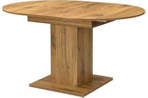 ‎B&D HOME B&D home® ausziehbarer Esstisch WIM Ø 100– 140 x 100 cm – runder Säulentisch mit Butterfly Auszug, Melamin Vintage Eiche, platzsparender Holztisch für Küche & Esszimmer