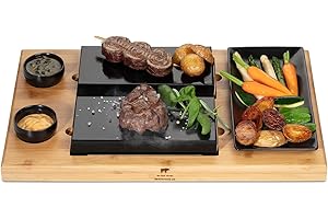 ‎BEEFSTONE BEEFSTONE Heißer Stein Grill Steinplatte Modell DUE Hot Stone Steak Maker Lavasteine Grill Holzbrett Bambus, Lavastein Steak, Heisser Stein Raclette komplett Set mit 8 Teilen