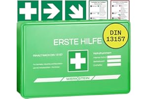 ‎WERKSTEIN Erste Hilfe Kasten Small mit Inhalt nach DIN 13157 I Verbandskasten Betrieb inkl. praktischer Wandhalterung & 5x Aufkleber I Verbandskasten DIN 13157 für Betriebe, Einrichtungen & Zuhause