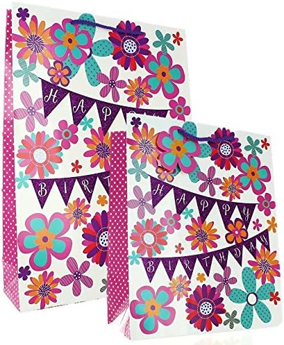 1 Large &amp; 1 Extra Large Female Gift Bag - Bright Birthday Flowers &amp; Pink Bunting