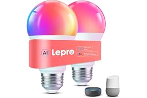 Lepro B1 AI Bombilla LED E27, Bombilla Inteligente Alexa 8.5W RGB Regulable, Wi-Fi Sync de Música y Control de Voz, Diseñador de Iluminación AI Personalizado, Funciona con Alexa, Google Home, 2Pcs