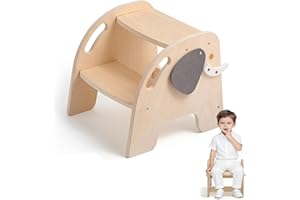 MHWGO Sgabello in legno per bambini a 2 gradini, capacità di carico 80 kg, con poggiapiedi antiscivolo, grazioso sgabello a forma di elefante per bambini, per bagno, cucina, cameretta, sgabello per WC