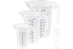 CAREDGO Lot de 3 Tasses à Mesurer en Plastique 100 ml 250 ml 500 ml, Gobelets Doseurs Gradués Tasse Doseur avec Couvercle et Poignée Gobelets Gradués en Plastique pour Laboratoire Cuisine Boulangerie