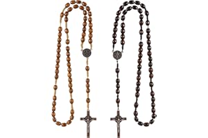 TenaLucy 2 Pièces Collier Chapelet Croix Catholique,Chapelet Catholique avec Croix Médaille Jésus Christ Saint Benoît Perles de Prière en Bois Naturel,pour Communion,Baptême,Messe