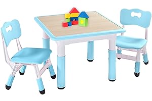 FUNLIO Kids Room Table & Chair Sets, Height Adjustable for Ages 3-8, Easy Wipe Clean Art Table for Classroom/Nursery/Homes, CPC - Tested (3-Piece) - Blue