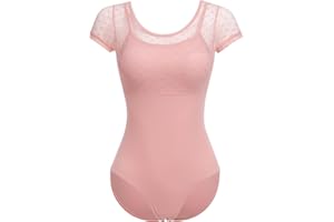 IDOPIP Women's Turtleneck Ballet Dance Leotard Floral Lace Short Sleeve Backless Athletic Gymnastics Leotards with Removeable Padded Dancewear