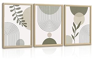 FAJERMINART 3 Pcs En bois Cadre Moderne Boho Gris Vert Plante Tableau Décoration Murale Salon Impression sur Toile Lignes Géométriques Image sur Toile Peintures sur Toile Décor Murale pour Chambre 30x40cmx3