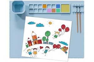 FYEME Tapis de peinture en silicone pour enfants - 50 x 40 cm - Avec zone de pigment et porte-brosse - Gobelet à eau avec échelle de mesure - Tapis en silicone pour travaux manuels - Pour la peinture -