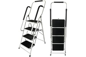 AUTOFU Escabeau 4 Marches, Escabeau 4marches Pliant avec 2 Rampes de Sécurité & Pieds et Marches Antidérapants Marche Pied Pliable Charge Max.150Kg