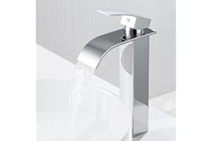 Mitigeur lavabo haut cascade, Auralum Nouveau robinet salle de bain silencieux, robinet vasque à poser en acier inoxydable, 30% d'économie d'eau, chromé