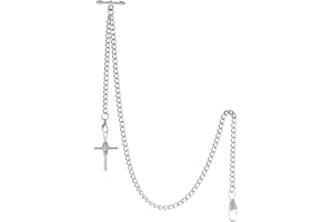 TREEWETO Taschenuhrkette mit T Bar Endstück Albert T-Bar Taschenuhr Kette mit Antiker Kreuz Anhänger und 2 Haken für Weste Knopfloch