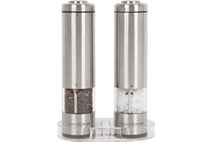 Latent Epicure Electric Salt and Pepper Grinder Set (Pack of 2) - Battery Operated, Stainless Steel Shakers with Adjustable Fine & Coarseness, One Handed Operation, LED Light & Complimentary Mill Tray