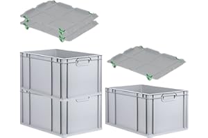 PROREGAL SuperSparSet 3x Eurobox NextGen Grip mit Auflagedeckel & 4 grünen Schiebeschnappverschlüssen, HxBxT 32x40x60cm, 65 L, Grau, Griffe geschlossen, Eurobehälter, Transportbox