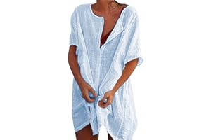 Svanco Mujer Vestido de Playa Transparentes Algodón Blusa de Bikini Cover up Suelto Verano Camisolas y Pareos Color Sólido Casual Ropa de Playa con Boton Trajes de Baño Pareos