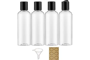 Apstaqeoo 4 botellas de plástico de 150 ml con tapa abatible de disco, botellas vacías para apretar, contenedores de viaje recargables transparentes con embudo y etiqueta para líquidos, loción,