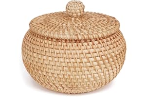 Kopinma Cesta redonda de ratán con tapa, cesta de almacenamiento de ratán, para caramelos, agujas e hilo, llaves, monedas y objetos pequeños, organizador de joyas, cesta de aperitivos, organizador de