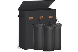 SONGMICS 3-facks tvättkorg, 160 l, med lock, 5 etiketter, avtagbar och tvättbar innerpåse, tvättstuga eller sovrum, bläcksvart RLH013B01
