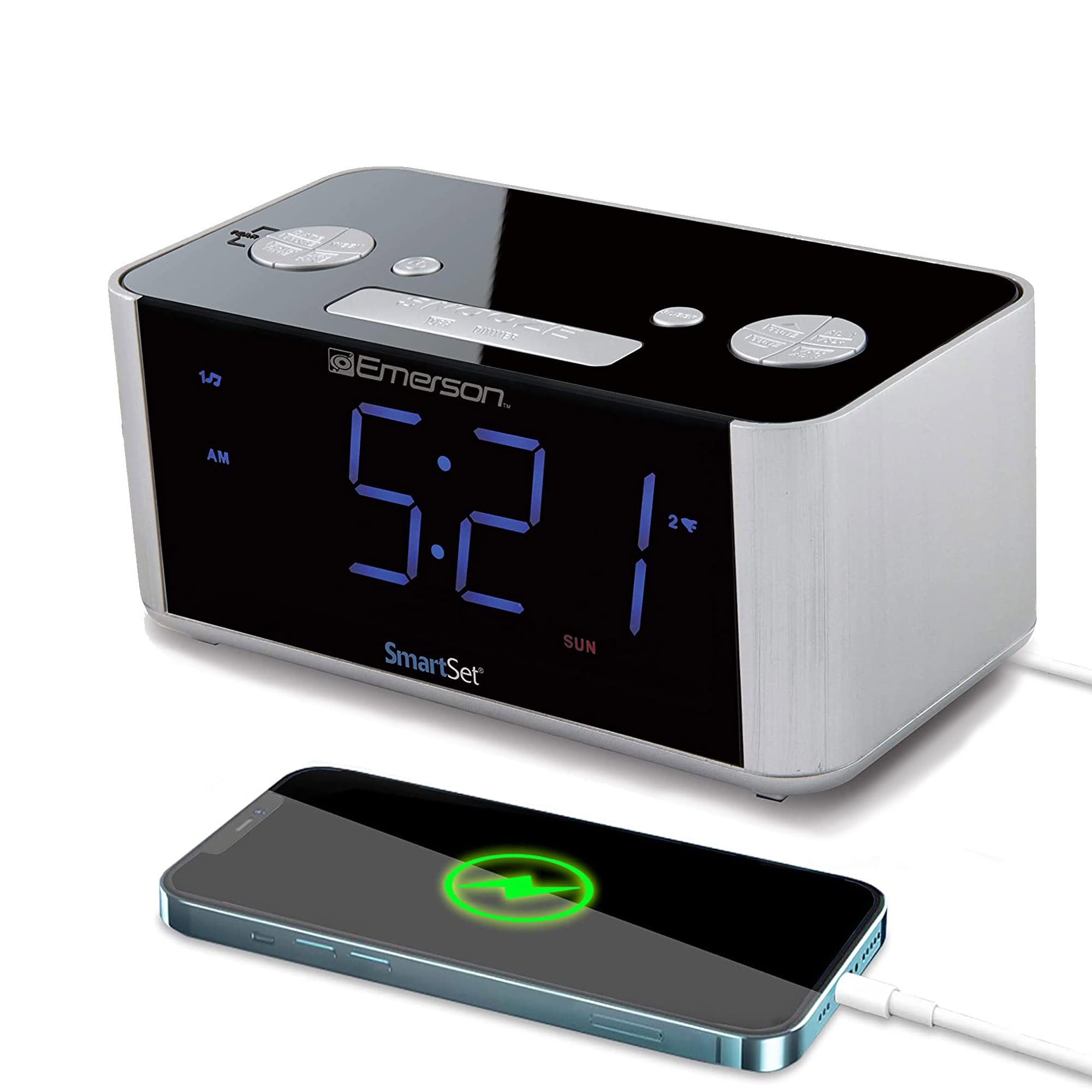 Emerson CKS1708 SmartSet Alarm Clock Radio, Charging Station/Phone Chargers with USB port for iPhone/iPad/iPod/Android and Tablets