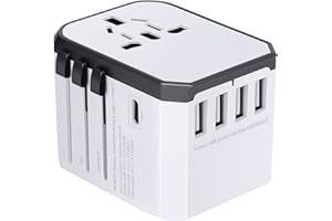 Evershop Reiseadapter Reisestecker Weltweit 224+ Ländern 5.6A Fast Charge Universal Travel Adapter mit 4 USB Ports+Typ C+AC Steckdosen Internationale Netzadapter für USA Deutschland Europa UK Thailand