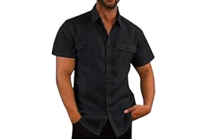 SLXBEAR Linen Shirts Mens Summer Short Sleeve Tops Shirt Casual Plus Size Loose Fit Tshirts Holiday Essentials Beach Shirt Mens Hawaiian Lapel Button Down Shirts with Pockets Cotton Regular Fit Tops