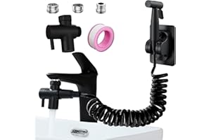 Roscid Douchette WC Kit Complet Noir avec Tuyau Flexible 3M et Support, Pulvérisateur de Bidet à Main pour Toilette avec M22-24 G1/2 Adaptateurs, Bidet Hygiénique avec Robinet 3 Voies(Noir Tuyau)