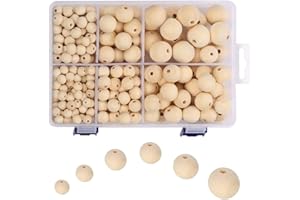 Nupalen Naturale Perline Legno 10mm 12mm 14mm 18mm 20mm 24mm, 320 Pezzi Rotonde Palline Legno per Fai-da-Te Decorazioni Artigianali