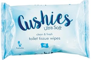 CARIBOU LIVING Cushies Moist Toilet Wipes: Refreshing Soft Wet Wipes - 42 Wipes for Gentle Cleansing, Classic Cotton Smell - Flushable & Biodegradable (1, White - Blue Pack, 42 Wipes Per Pack)