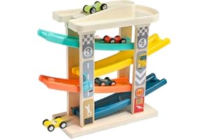 TOP BRIGHT Juguete de Carrera de Coches para Niños Pequeños, Juego de Juguetes de Rampa de Camiones Conjuntos de Vehículos con 4 Coches de Madera, 4 Rampas de Coche