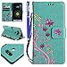 Produktbild FESELE Schmetterling Schutzhülle für [LG G5] Blumen Prägung Glitzer Brieftasche Hülle Leder Tasche Flip Handyhülle mit Standfunktion und Magnetverschluss, LG G5 Schön Bookstyle Butterfly Flip Hülle Case Strap Lanyard Wallet Cover Kartenfach Ledertasche Leder-Mappen-Karten-Slot-Abdeckung für LG G5 + Blau Eingabestift Stylus Touch Pen-Grün