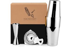 Jettory Boston Shaker Set - 4-Piece Cocktail Shaker Kit with 18/28 oz Boston Shaker Stainless Steel, Bar Strainer and Measuring Cup, in a Stylish Gift Box - Ideal for Home Bar Use (Stainless Steel)