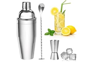 CEWROM Cocktail Shaker Set, 750 ml Cocktail Shaker Set, 3 Pieces Stainless Steel Cocktail Mix Set, with Measuring Cup and Bar Spoon, Bar Accessory Set, Mixed Drinks Shaker for Home, Bar, Party, Dad,