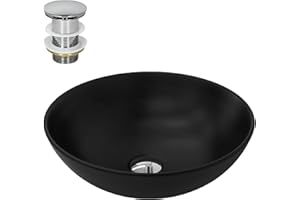 ML-Design Waschbecken Keramik Schwarz matt Ø 40x14,5 cm rund inkl. Ablaufgarnitur, Moderne Aufsatzwaschbecken ohne Überlauf, Waschtisch Waschschale Waschplatz Handwaschbecken, für Badezimmer/Gäste-WC