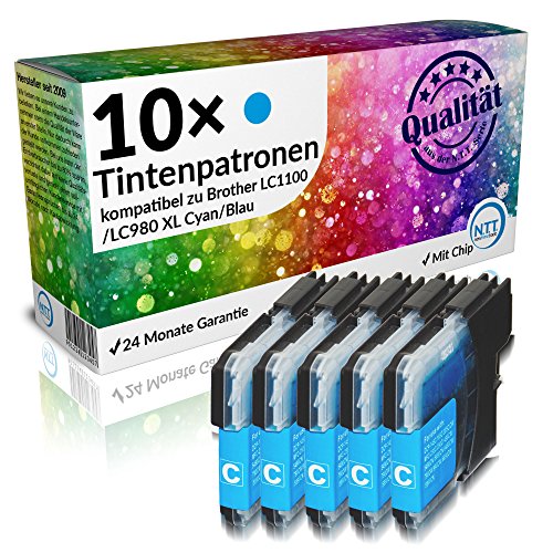 N.T.T.® 10 x Stück XL Druckerpatronen / Tintenpatronen kompatibel zu Brother LC1100C / LC980C Cyan / Blau, Sparset