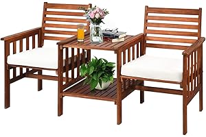 COSTWAY Asiento de 2 Plazas de Madera de Acacia, Juego de 3 Piezas de Sillas y Mesa para Exteriores, Conjunto de de Conversación para Patio con Cojines Blancos, Juego de Muebles para Jardín (Blanco)