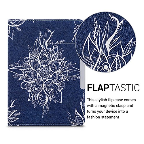 kwmobile Hülle für Tolino Vision 1 / 2 / 3 / 4 HD – Flipcover Case eReader Schutzhülle – Bookstyle Klapphülle Batikblume Design Weiß Dunkelblau - 2